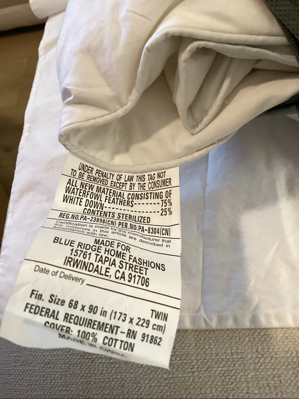 Farm To Home Organic Blended Cotton Down / Feather Comforter - Twin, NEW nwt